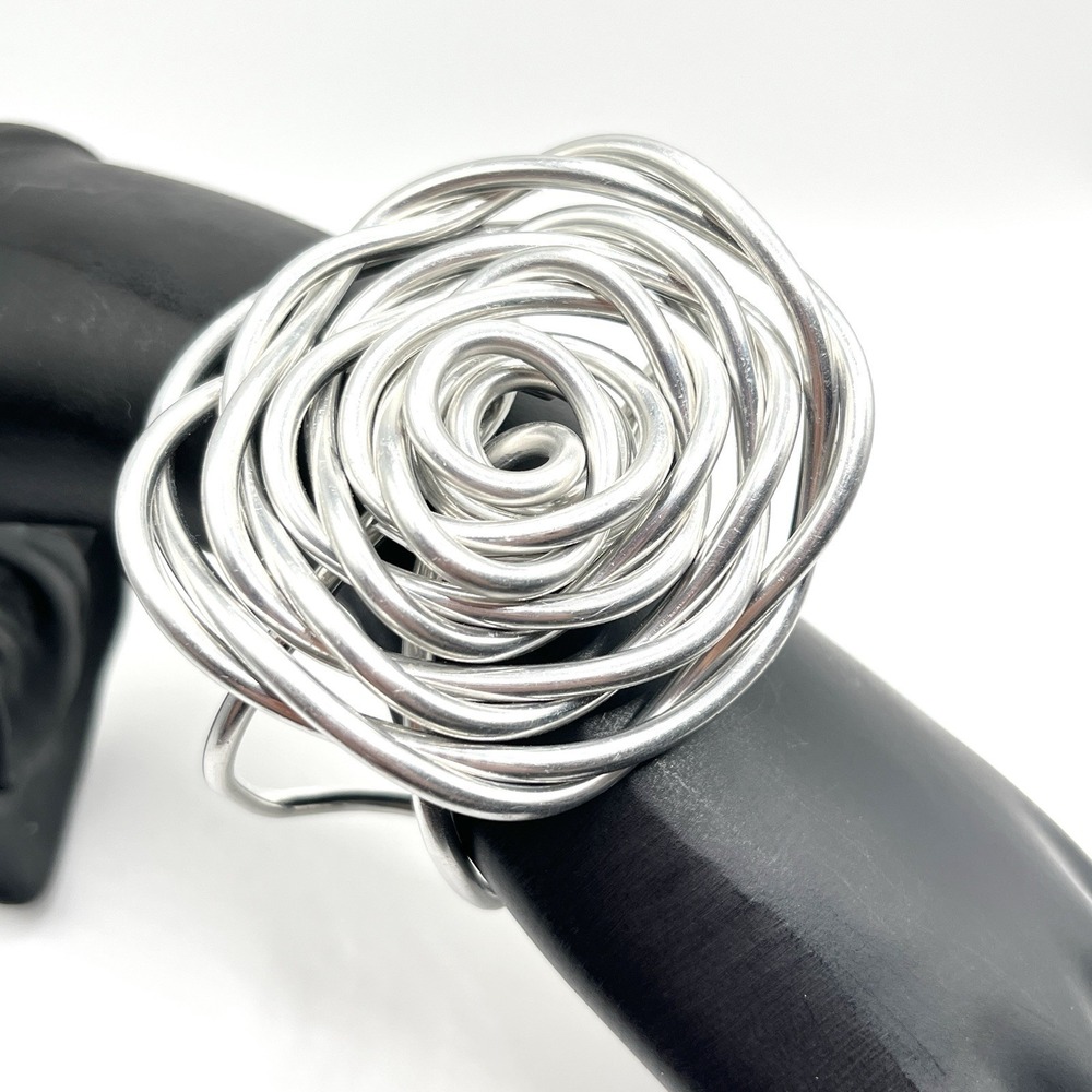 Sculptural Metal Rose Flower Cuff Bracelet Silver Tone Wire Statement‎